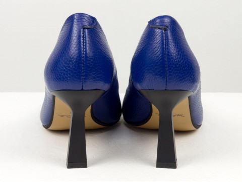 Дизайнерські сині туфлі-човники на невисокому підборі "рюмочка" з натуральної італійської шкіри флотар   , Т-2115-11